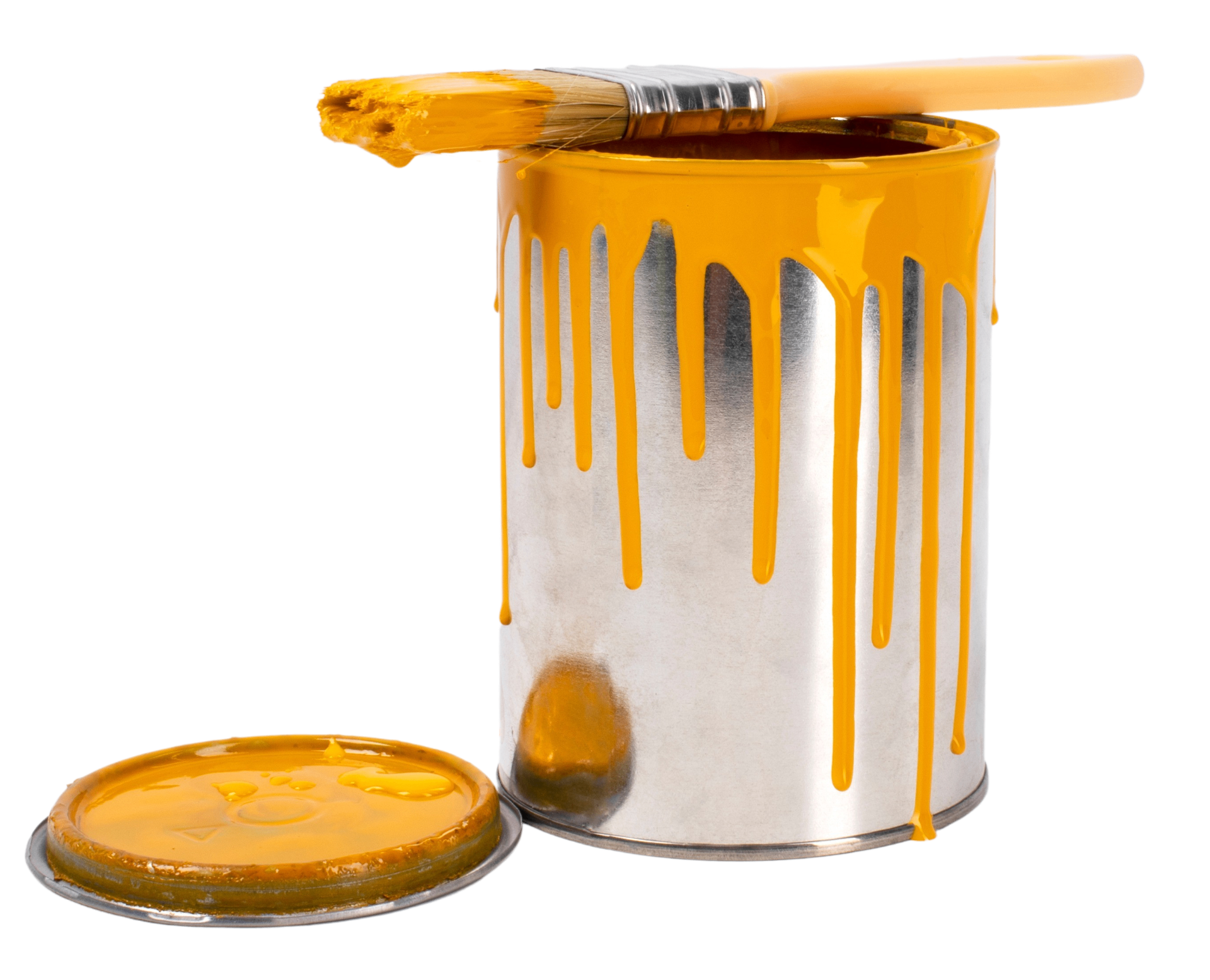 Open paint can with dripping amber paint and a loaded brush resting on top